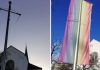 Regenbogenflagge vor der Kirche in Hard
