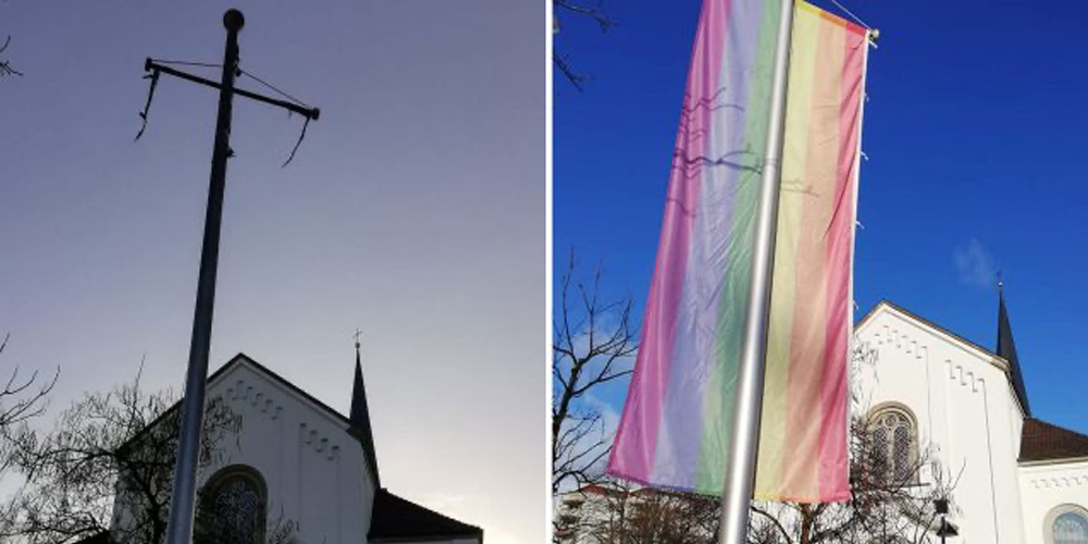 Regenbogenflagge vor der Kirche in Hard