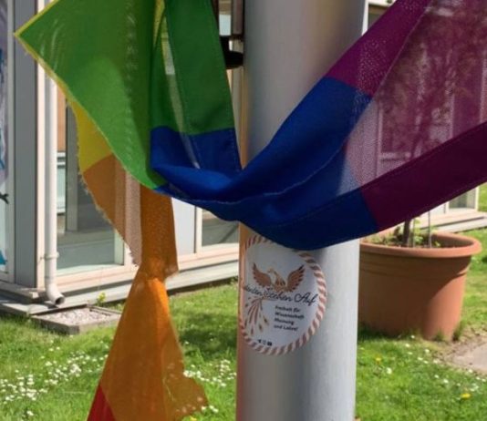 Beschädigte Regenbogenflagge vor der Montanuniversität Leoben